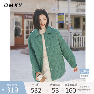 古木夕羊复古菱格纹棉衣女冬季 外套 新款 绗线方领宽松廓形衬衫