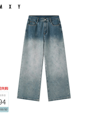 古木夕羊高腰休闲渐变色复古宽松女士湖蓝色牛仔裤GR61133016