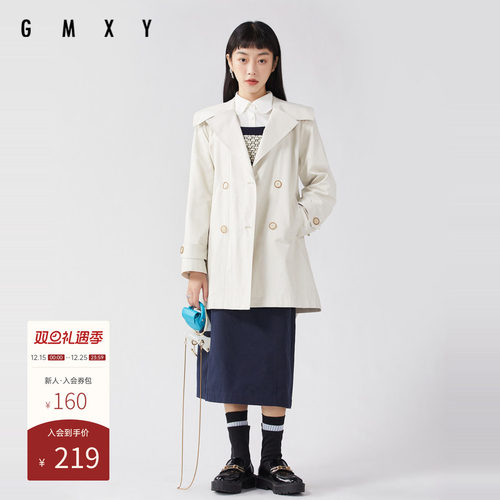 古木夕羊时尚赫本风翻领双排扣风衣女简约纯色插袋外套GS3100602