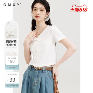 古木夕羊纯色肌理感短袖T恤夏V领蝴蝶结系带修身短款上衣