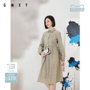 古木夕羊通勤纯棉格纹印花连衣裙女秋季收腰系带时尚百搭中长裙