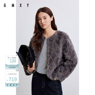 古木夕羊气质环保皮草圆领保暖外套女复古轻熟上衣冬款GR57072027