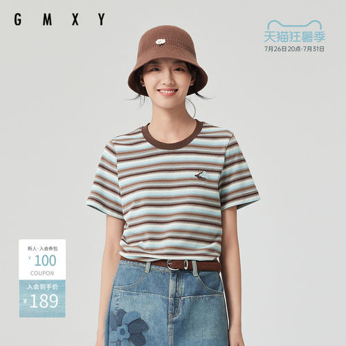 古木夕羊简约圆领条纹短袖T恤女春季百搭宽松上衣GS510091002