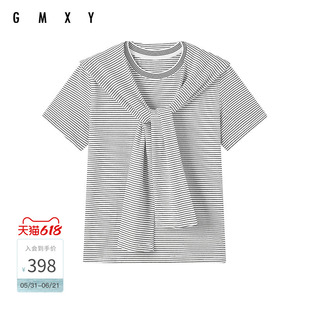 古木夕羊新品条纹显瘦短袖上衣宽松短款撞色直筒T恤GR63091045