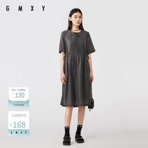 古木夕羊时尚绣花领设计短袖连衣裙女夏季通勤百搭减龄中长裙
