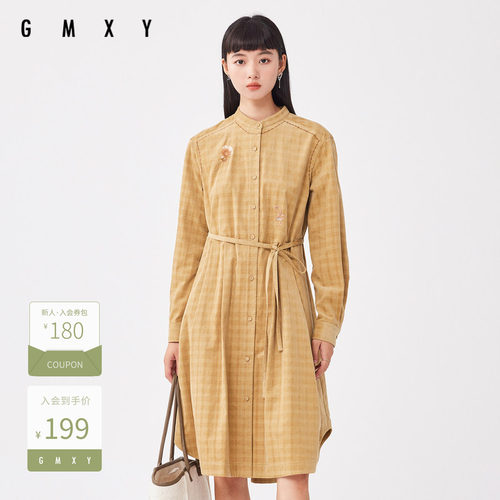 古木夕羊时尚洋气灯芯绒衬衫连衣裙女冬简约格子中长裙GS37018005