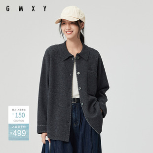 古木夕羊春季纯色气质毛织长袖开衫女减龄翻领上衣GS510034006