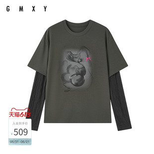 古木夕羊深灰色假两件时尚上衣复古风长袖圆领套头T恤GR61091004