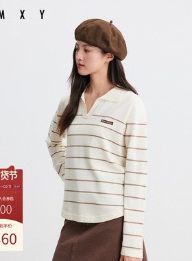古木夕羊气质通勤条纹V领设计长袖毛衫女显瘦减龄上衣GR550034014