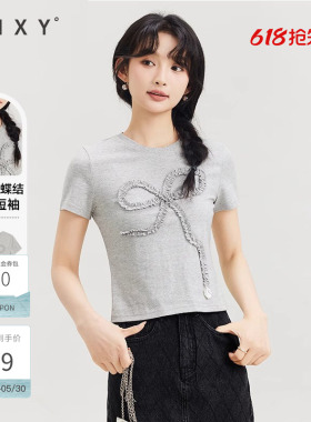 古木夕羊简约休闲灰色蝴蝶结T恤女夏纯棉修身短袖上衣
