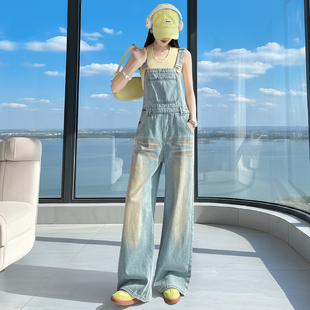 盐系阔腿牛仔背带裤女春秋2026新款宽松显瘦百搭减龄直筒连体长裤