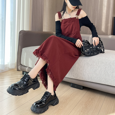 安可拉红牛仔背带裙女流苏连衣裙