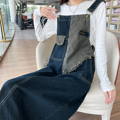 复古工装牛仔背带裙女春秋中长款