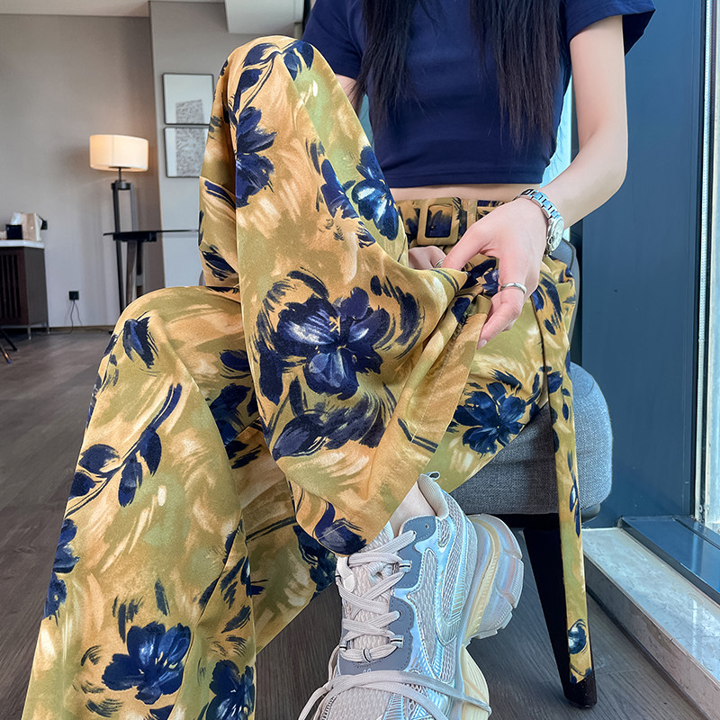 黄色印花阔腿裤女2025新款夏季薄款宽松休闲花裤子高腰显瘦沙滩裤