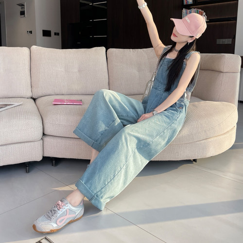 小个子牛仔背带裤女宽松九分裤