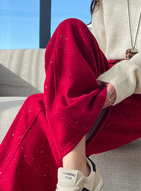 红色阔腿裤弯刀裤女加绒加厚春秋冬新款高腰显瘦宽松休闲运动长裤