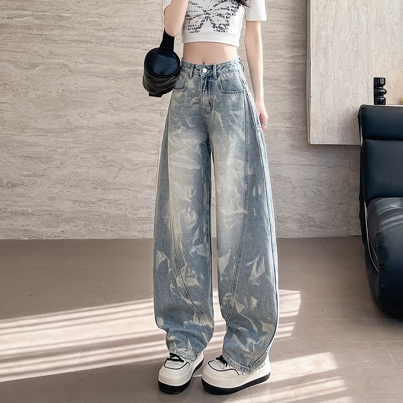窄版香蕉阔腿牛仔裤扎染直筒长裤