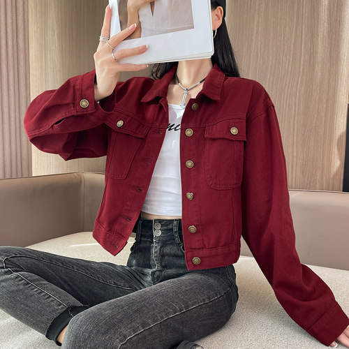 安可拉红牛仔外套女减龄短款上衣