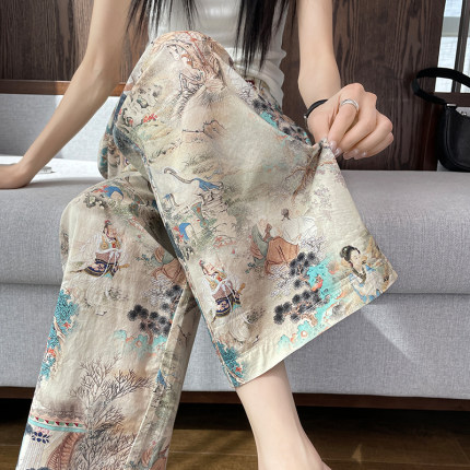 国风阔腿裤女夏季薄款2026新款高腰宽松直筒裤小个子九分凉凉裤子