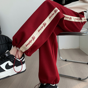 美式酒红色运动裤女春秋2025新款高腰宽松束脚休闲直筒阔腿卫裤子