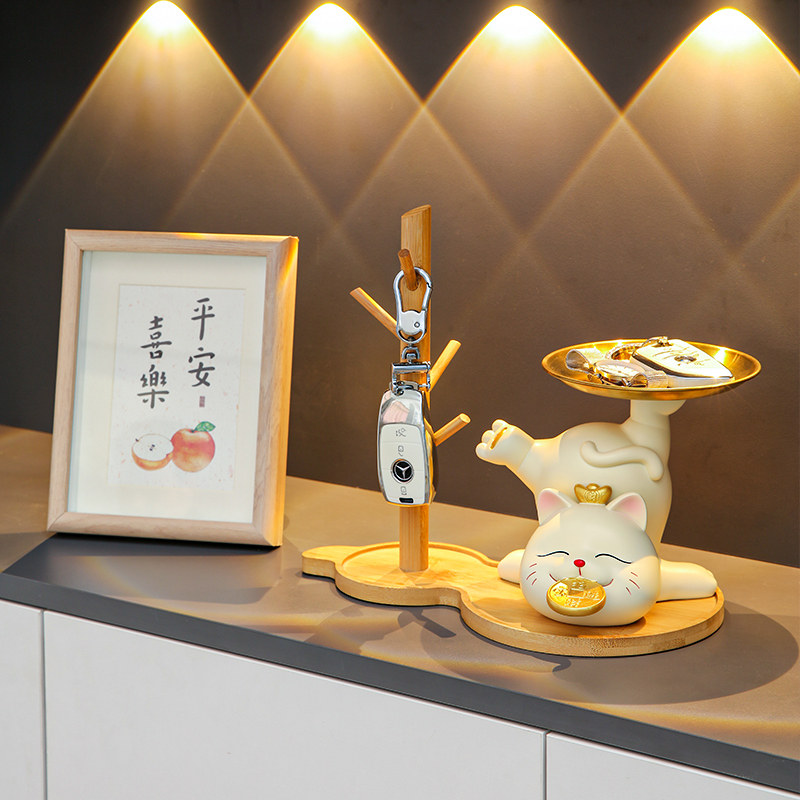 创意铜钱招财猫摆件玄关客厅电视柜进门入户钥匙收纳家居装饰礼品