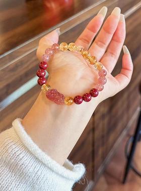 天然草莓晶貔貅手链女金发晶