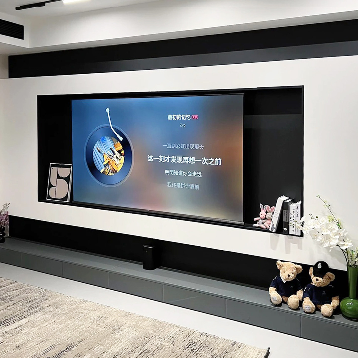 75/85寸电视壁龛嵌入式不锈钢柜悬浮电视背景墙装饰金属框置物架