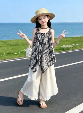 女童夏季海边穿搭套装儿童度假风吊带上衣女孩休闲阔腿裙裤两件套