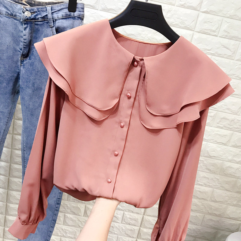 超仙的荷叶边大翻领雪纺衬衫女春装宽松娃娃领珍珠单排扣长袖衬衣|ruв категории Женская одежда, рубашка - от Buy2taobao.com для оказания профессиональной услуги покупки агента Taobao