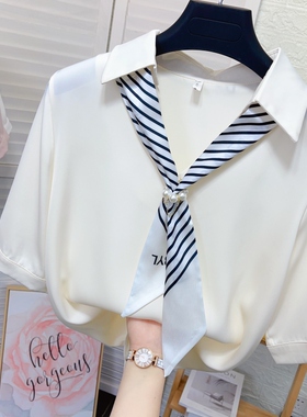 飘带V领醋酸缎面短袖衬衫女夏季新款气质OL宽松系带真丝衬衣上衣
