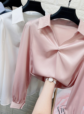 设计感小众翻V领真丝长袖衬衫女春季职业雪纺衫气质醋酸缎面衬衣