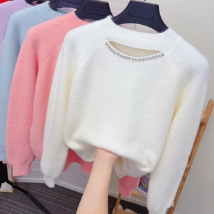 新年红镂空挂脖水貂绒毛衣女求东西新款闪闪亮钻马海毛针织衫上衣