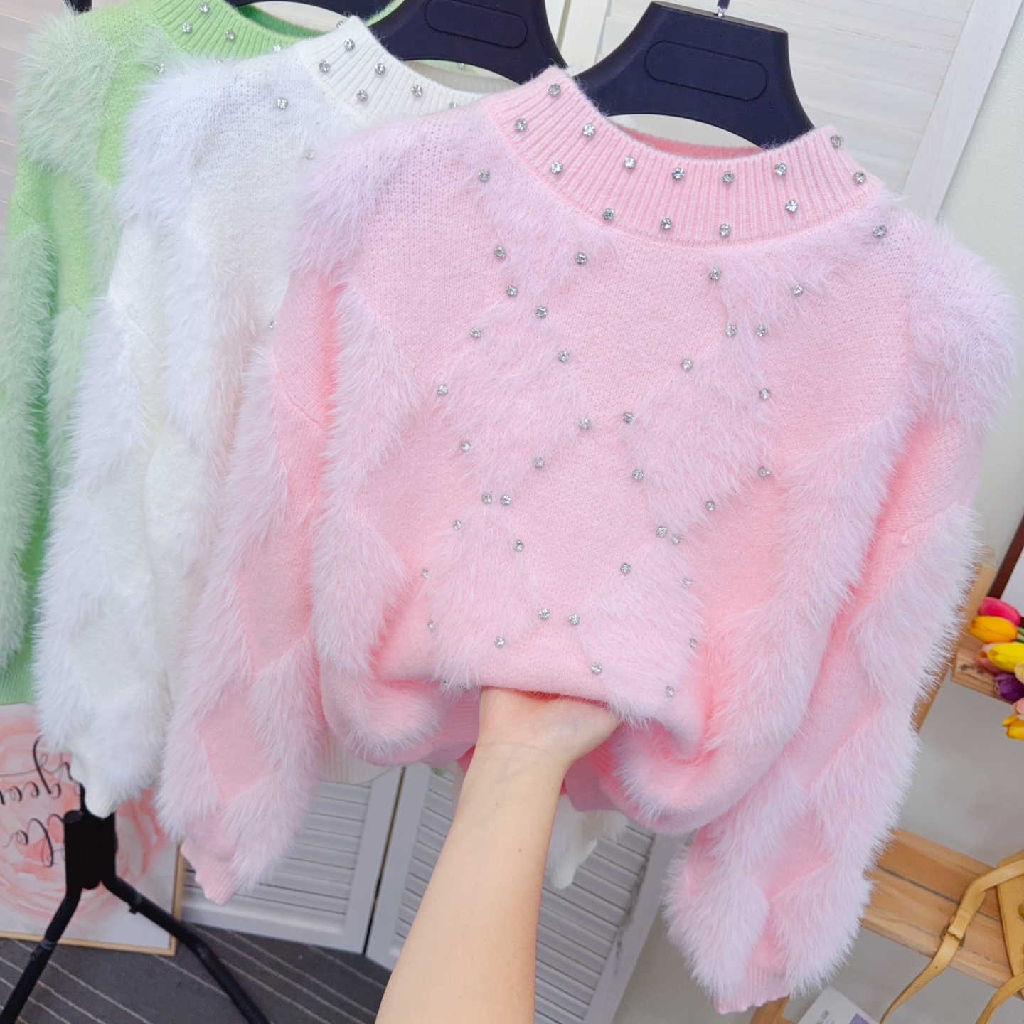 闪闪镶钻半高领水貂绒毛衣女装秋冬新款保暖马海毛打底针织衫上衣