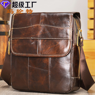 单肩斜挎包 头层牛皮男包挎包 真皮复古男士 玛轮特跨境单肩包