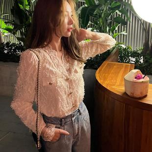 时髦韩版 张涩涩zss 光泽感薄柔chic纯欲小香风蕾丝上衣女气质小衫