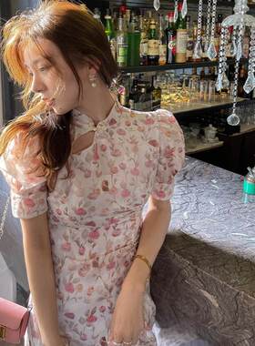 张涩涩 金粉玫瑰 2021年新款年轻改良版旗袍碎花雪纺连衣裙女夏季