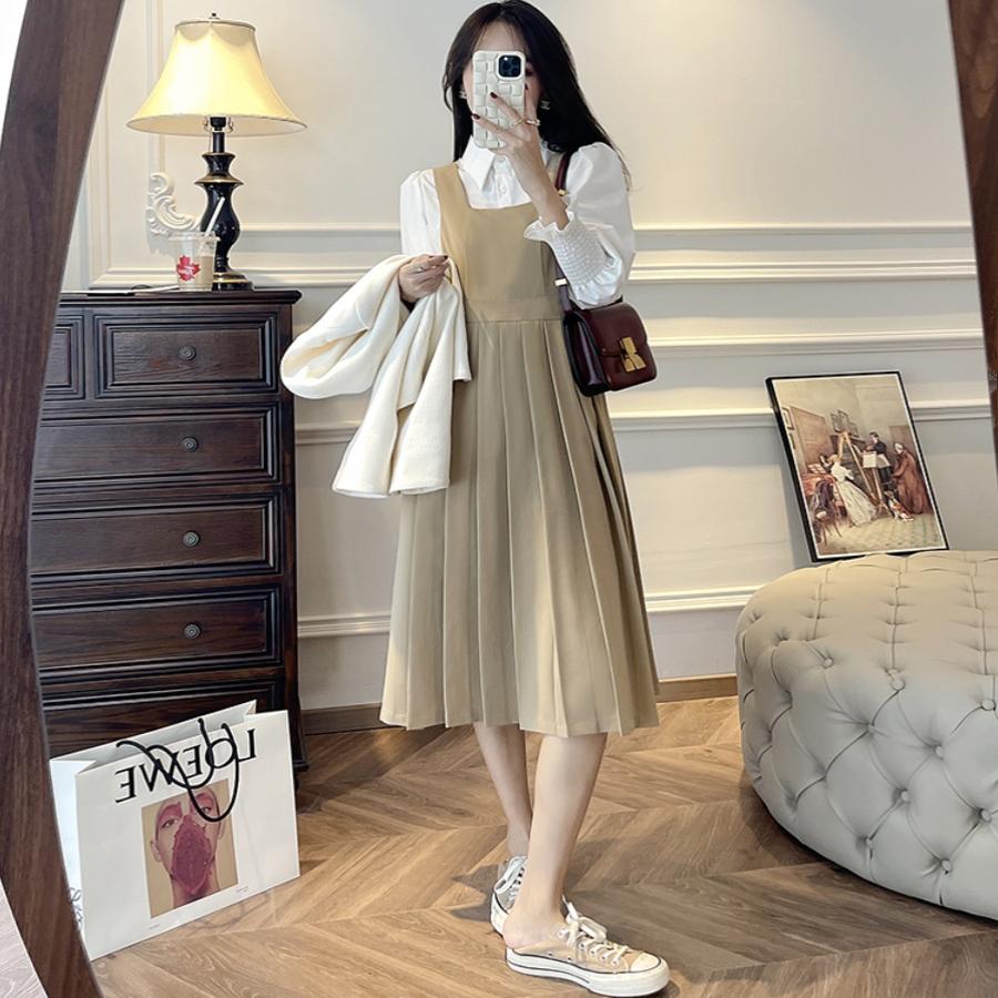 张涩涩ZSS YIER 春季新品 法式连衣裙女肌理感斜纹压褶百褶背带裙