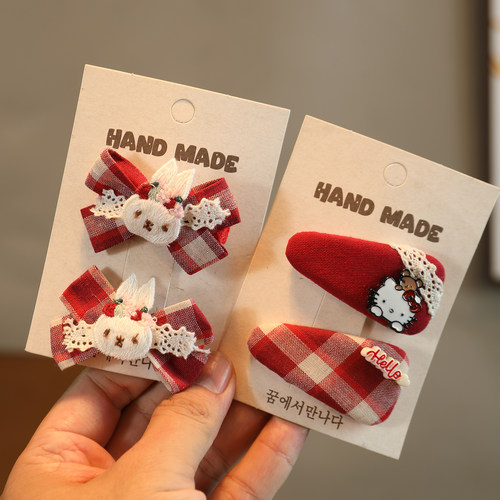 儿童可爱酒红格纹蝴蝶结发夹女童侧边碎发BB夹女公主扎发头绳发饰