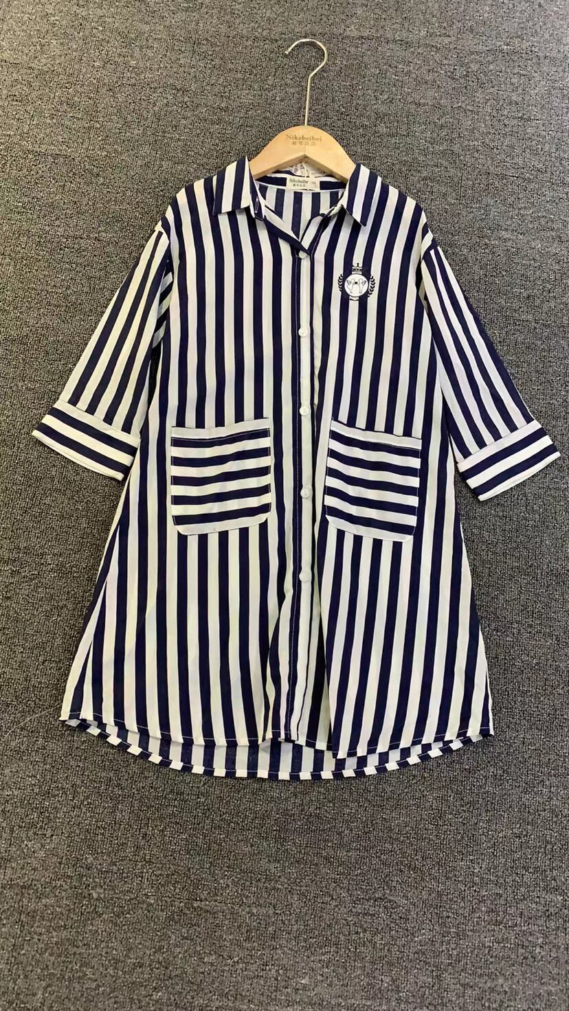 妮可贝贝夏装新款童装中童竖条纹衬衫女童中袖开衫儿童防晒衣外套