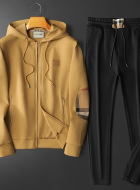 F6077 T016 P280 2025新款秋季卫衣长裤运动休闲套装 卡其-黑底图