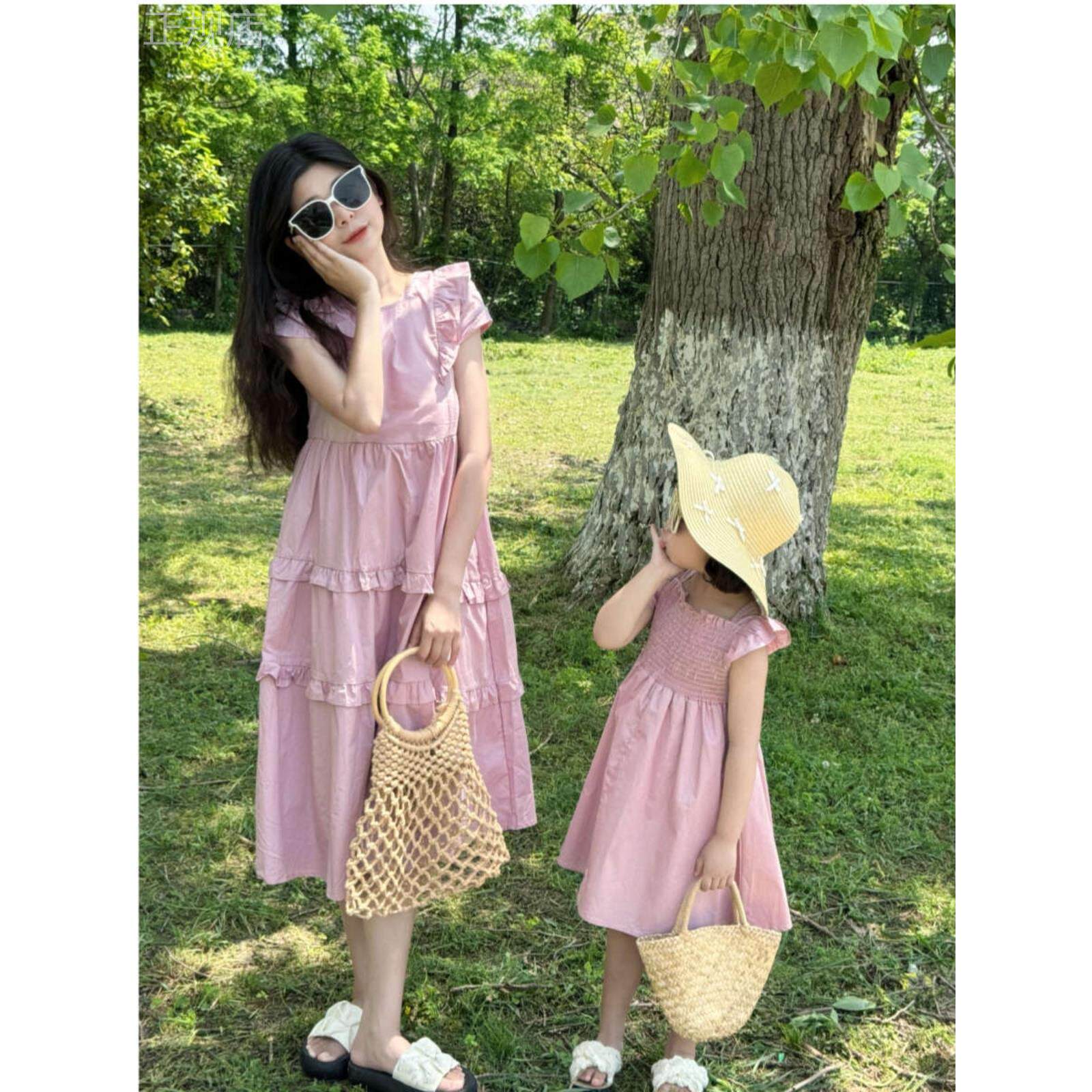 新品韩版亲子母女装2024新款夏季洋气度假海边裙子女孩夏天紫色连