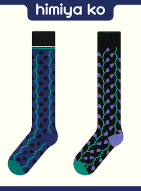 himiya ko秋冬原创新款设计花朵小腿袜简约时尚黑色个性长袜过膝