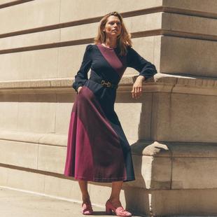 优雅时尚 英国单春季 印花高腰有口袋长款 圆领长袖 休闲连衣裙女 新品