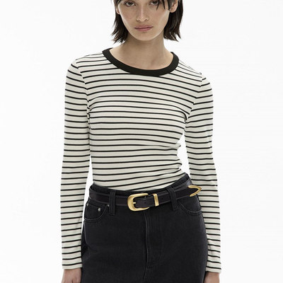 欧美简约秋冬新品加厚罗纹弹力圆领修身打底保暖舒适T恤女休闲