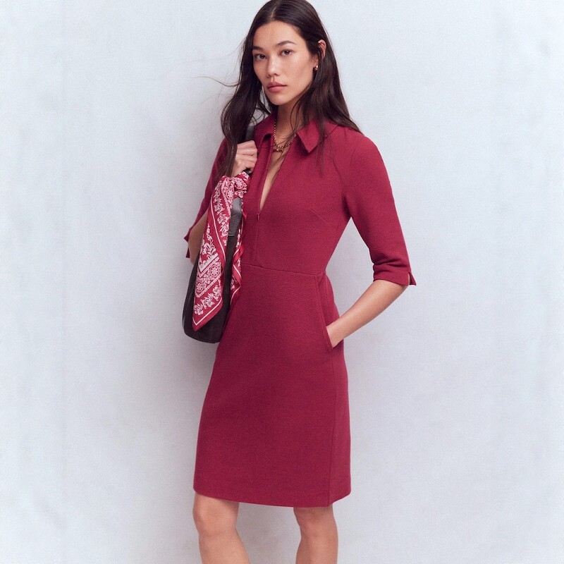 英国单春季新品翻领拉链门襟中高腰五分袖优雅日常连衣裙女通勤