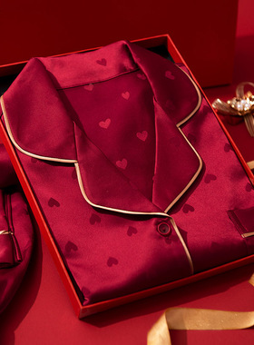 维多利亚睡衣新婚情侣红色本命年高档婚用结婚真丝女士桑蚕丝套装