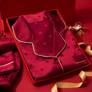 维多利亚睡衣新婚情侣红色本命年高档婚用结婚真丝女士桑蚕丝套装