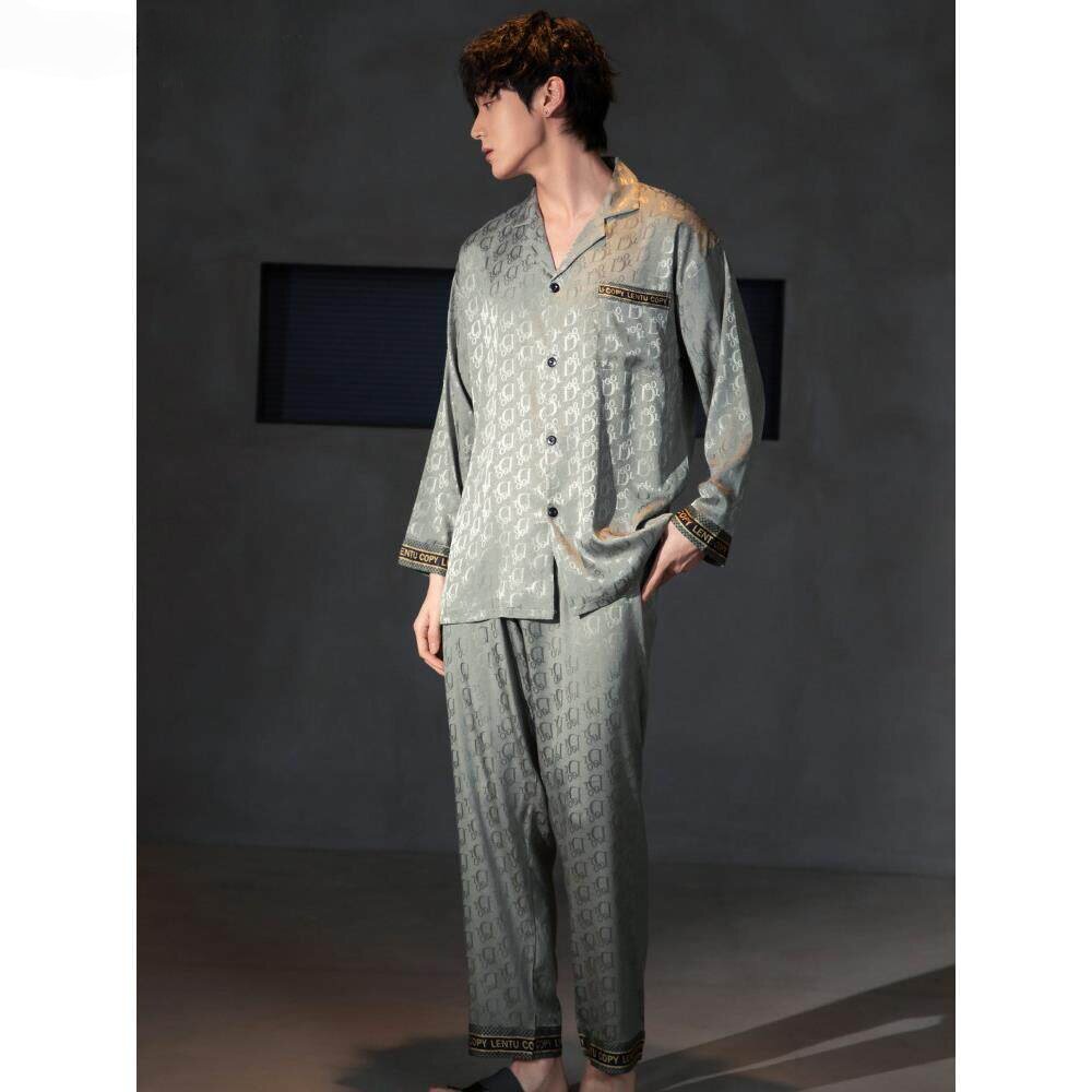 定制刺绣睡衣春秋款真丝长袖长裤桑蚕丝套装男士夏季高级感家居服