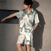 家居服薄款 维多利亚睡衣男士 两件套 短裤 真丝绸开衫 夏季 桑蚕丝短袖