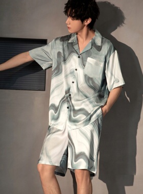维多利亚睡衣男士夏季桑蚕丝短袖短裤真丝绸开衫家居服薄款两件套